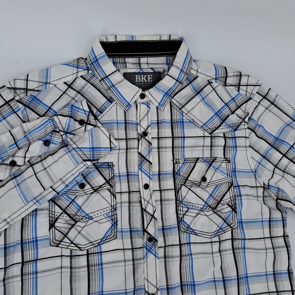 BKE Athletic Fit Shirt Mens Medium Cotton Blue White Plaid Western Pearl Snap